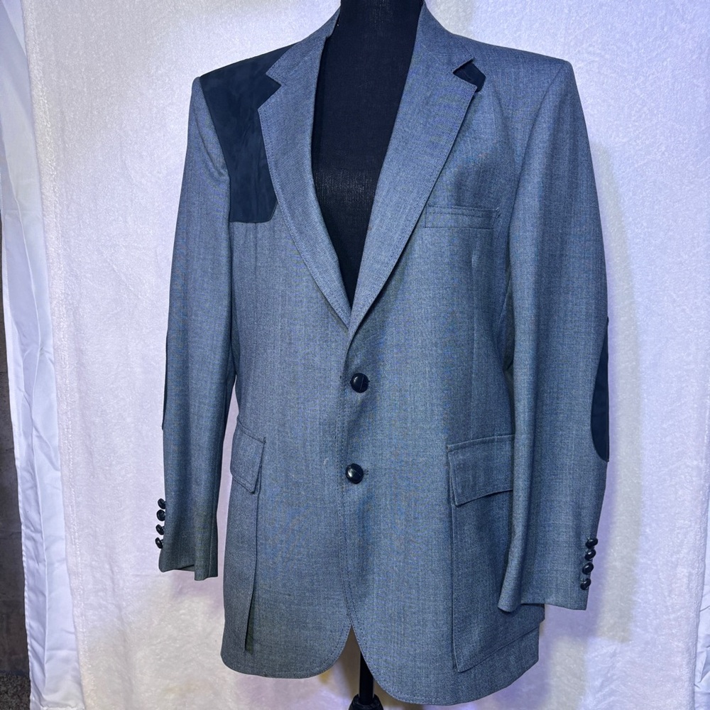 Western Denim Blue Sport Coat with Suede Accents and Notched Lapel
